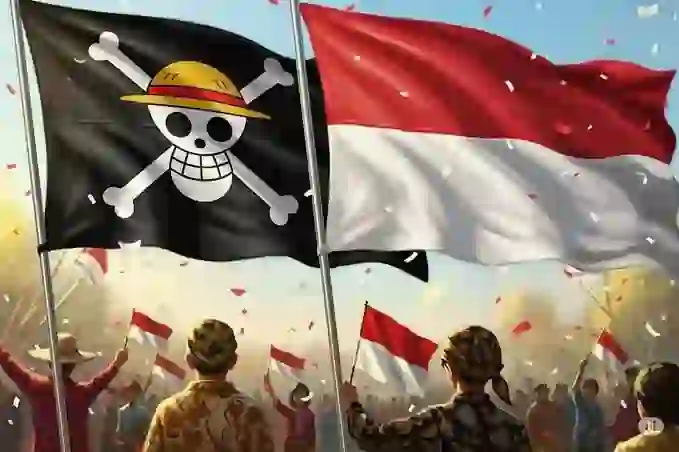 Bendera one piece dan indonesia berkibar