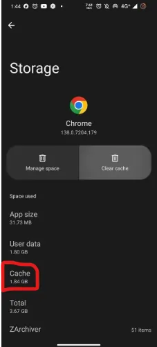 Screenshot of storage usage app settings